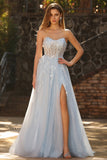 Champagne A-Line Corset Strapless Long Tulle Prom Dress with Slit