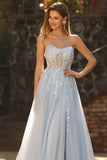 Champagne A-Line Corset Strapless Long Tulle Prom Dress with Slit