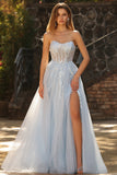 Champagne A-Line Corset Strapless Long Tulle Prom Dress with Slit