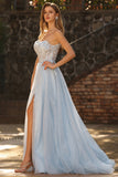 Champagne A-Line Corset Strapless Long Tulle Prom Dress with Slit