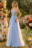 Blue A Line Strapless Convertible Corset Sequins Long Prom Dress with Removable Sleeves
