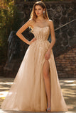 Champagne A-Line Corset Strapless Long Tulle Prom Dress with Slit