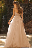 Champagne A-Line Corset Strapless Long Tulle Prom Dress with Slit