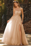 Champagne A-Line Corset Strapless Long Tulle Prom Dress with Slit