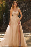 Champagne A-Line Corset Strapless Long Tulle Prom Dress with Slit
