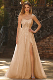 Champagne A-Line Corset Strapless Long Tulle Prom Dress with Slit