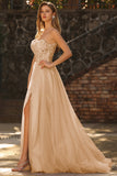Champagne A-Line Corset Strapless Long Tulle Prom Dress with Slit