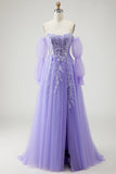 A Line Strapless Convertible Removable Sleeves Appliqued Long Purple Prom Dress with Slit