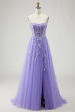 A Line Strapless Convertible Removable Sleeves Appliqued Long Purple Prom Dress with Slit