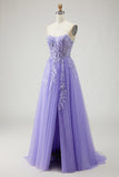 A Line Strapless Convertible Removable Sleeves Appliqued Long Purple Prom Dress with Slit