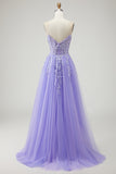 A Line Strapless Convertible Removable Sleeves Appliqued Long Purple Prom Dress with Slit