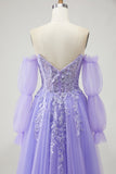A Line Strapless Convertible Removable Sleeves Appliqued Long Purple Prom Dress with Slit