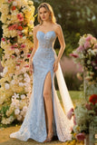Blue Sweetheart Mermaid Beaded Corset Sequin Long Prom Dress with Slit