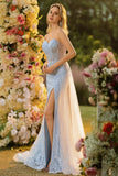 Blue Sweetheart Mermaid Beaded Corset Sequin Long Prom Dress with Slit