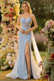 Blue Sweetheart Mermaid Beaded Corset Sequin Long Prom Dress with Slit