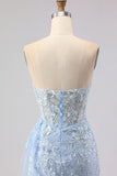 Blue Mermaid Sweetheart Corset Beaded Sequin Long Prom Dress with Slit