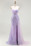 Purple Sweetheart Beaded Mermaid Corset Sequin Long Prom Dress with Slit
