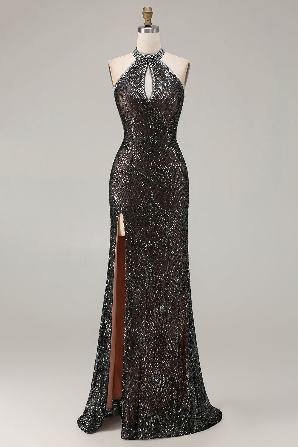 Zapaka Women Sparkly Black Long Prom Dress with Slit Halter Beaded Mermaid Keyhole Party Dress with Sequins, Black / US8 Zapaka Women Sparkly Black Long Prom Dress with Slit Halter Beaded Mermaid Keyhole Party Dress with Sequins, Black / US8