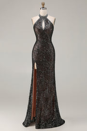 Sparkly Black Halter Mermaid Beaded Sequins Keyhole Long Prom Dress with Slit