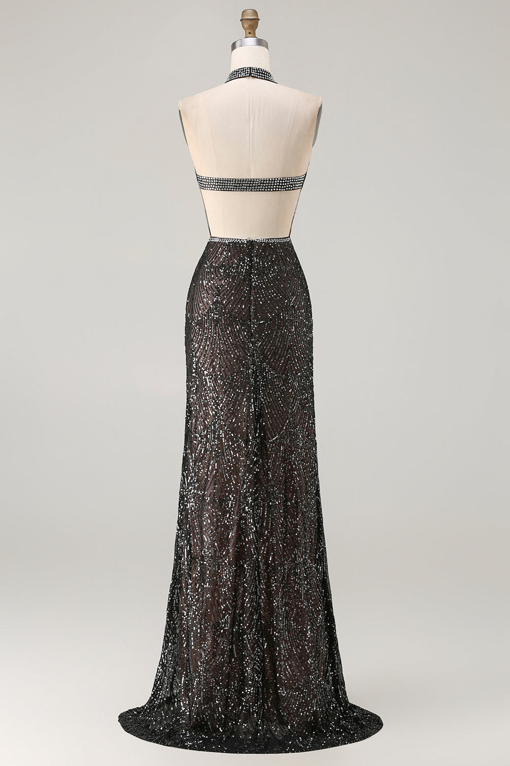 Zapaka Women Champagne Sequin Long Prom Dress with Slit Halter Mermaid Beaded Evening Party Dress with Keyhole ZAPAKA Zapaka Women Champagne Sequin Long Prom Dress with Slit Halter Mermaid Beaded Evening Party Dress with Keyhole ZAPAKA
