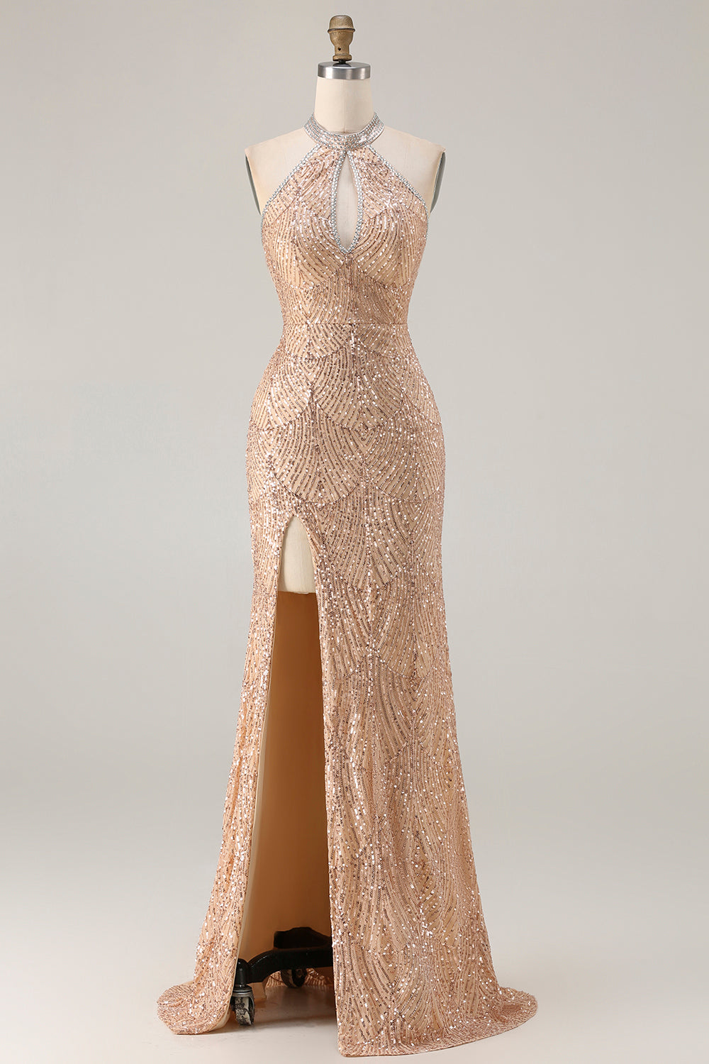 Zapaka Women Champagne Halter Long Prom Dress with Slit Mermaid Beaded Keyhole Sequins Party Dress, Champagne / US4 Zapaka Women Champagne Halter Long Prom Dress with Slit Mermaid Beaded Keyhole Sequins Party Dress, Champagne / US4