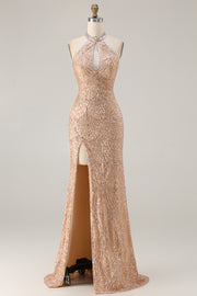 Champagne Mermaid Halter Sequins Beaded Keyhole Long Prom Dress with Slit