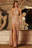 Champagne Mermaid Halter Sequins Beaded Keyhole Long Prom Dress with Slit