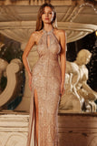 Champagne Sequins Halter Mermaid Beaded Keyhole Long Prom Dress with Slit