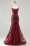Sparkly Burgundy Mermaid Appliqued Long Prom Dress with Sequins
