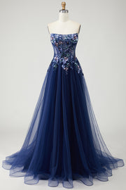 Navy Strapless A Line Sheer Corset Tulle Long Prom Dress with Sequins