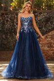 Navy Strapless A Line Sheer Corset Tulle Long Prom Dress with Sequins