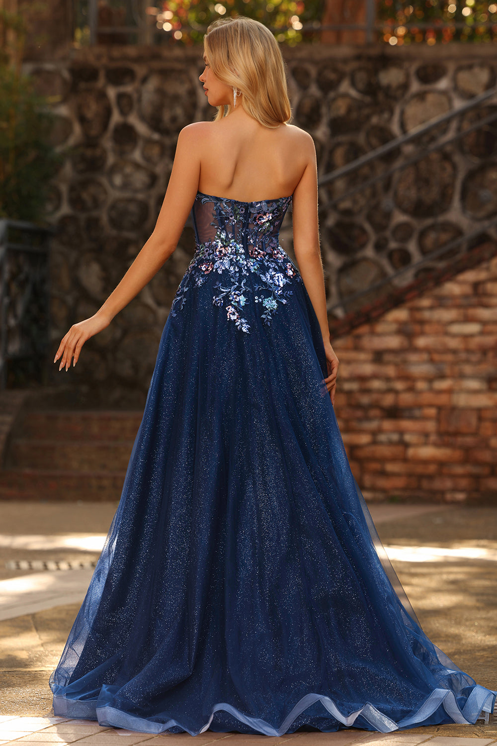 ZAPAKA Women Sparkly Navy Long Prom Dress Strapless A Line Sheer Corset Tulle Evening Dress with Sequins, Navy / US24W