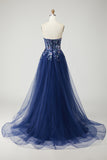 Navy Strapless A Line Sheer Corset Applique Tulle Long Prom Dress with Sequins