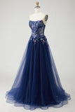 Navy Strapless A Line Sheer Corset Applique Tulle Long Prom Dress with Sequins