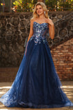Navy Strapless Sheer Corset A Line Long Tulle Prom Dress with Sequins