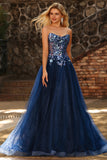 Navy Strapless Sheer Corset A Line Long Tulle Prom Dress with Sequins
