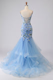 Blue Sheer Corset Mermaid Embroidered Long Prom Dress with Lace Up Back