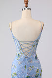Blue Sheer Corset Mermaid Embroidered Long Prom Dress with Lace Up Back