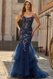 Blue Sheer Corset Mermaid Embroidered Long Prom Dress with Lace Up Back