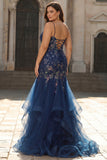 Navy Embroidered Corset Mermaid Long Plus Size Prom Dress with Lace Up Back