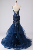 Blue Sheer Corset Mermaid Embroidered Long Prom Dress with Lace Up Back
