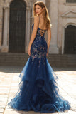 Blue Sheer Corset Mermaid Embroidered Long Prom Dress with Lace Up Back
