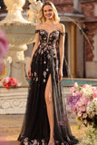 Navy A-Line Off The Shoulder Sequins Lace Up Back Long Prom Dress with Slit