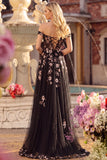 Navy A-Line Off The Shoulder Sequins Lace Up Back Long Prom Dress with Slit