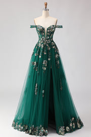 Off The Shoulder Dark Green A Line Corset Long Long Prom Dress with Sequins