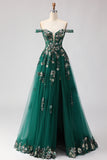 Dark Green Off the Shoulder Appliqued Corset A Line Long Sequin Long Prom Dress