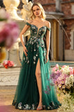 Dark Green Off the Shoulder Appliqued Corset A Line Long Sequin Long Prom Dress
