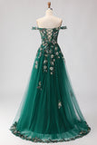 Dark Green Off the Shoulder Appliqued Corset A Line Long Sequin Long Prom Dress