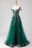 Off The Shoulder Dark Green A Line Corset Long Long Prom Dress with Sequins