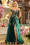 Dark Green Off the Shoulder Appliqued Corset A Line Long Sequin Long Prom Dress